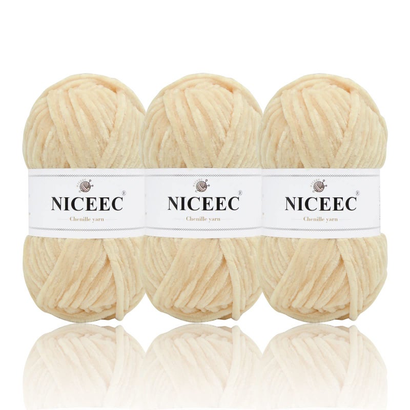 NICEEC 3 Skeins Soft Chenille Yarn Blanket Yarn for Knitting Fancy Yarn for Crochet Weaving DIY Craft Total Length 3Ã—85m (3Ã—93yds, 3Ã—50g)_Khaki - Image 1